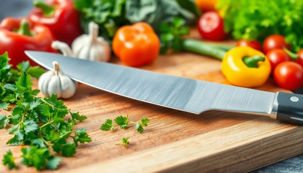 Chef’s knife NZ cutting through fresh vegetables on a wooden board.
