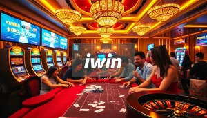Exciting gameplay at iwin casino with poker chips and vibrant slot machines.
