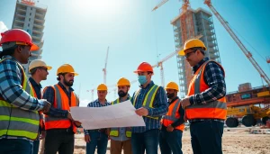 Austin construction site showcasing diverse professionals collaborating on a high-rise project.