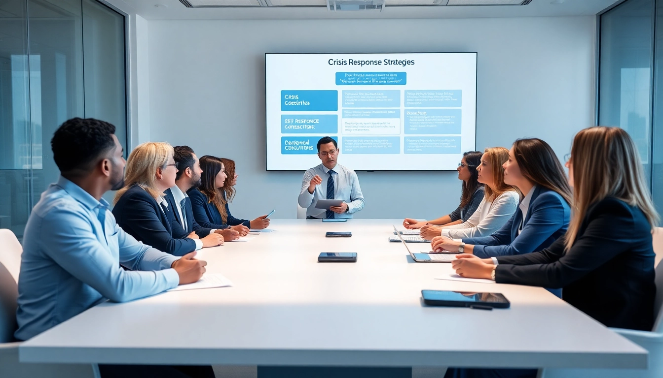 Crisis management consultant leading a strategic meeting with diverse professionals, fostering teamwork and collaboration.