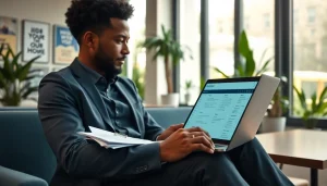 Job Search in a modern office, showcasing a job seeker focused on their resume and job listings.