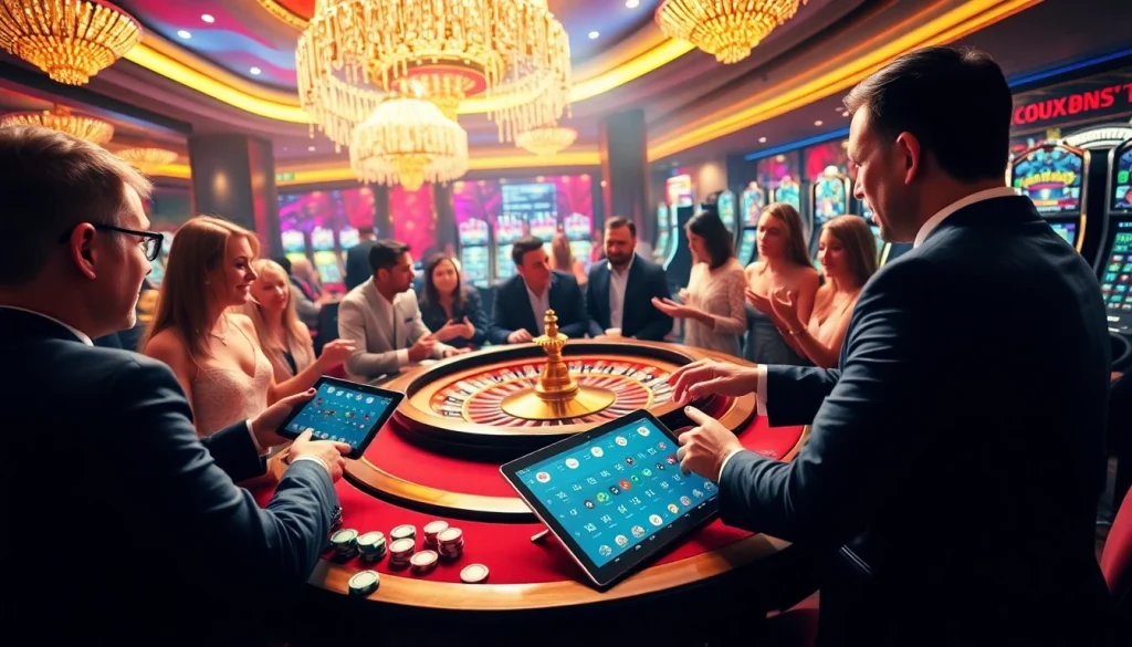 Engage with thrilling games at the W88 casino, surrounded by vibrant tables and excited players.