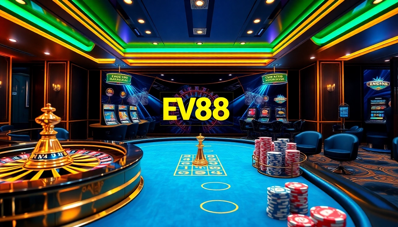 Experience the excitement of EV88 with vibrant casino elements like roulette wheels, poker tables, and lively players.