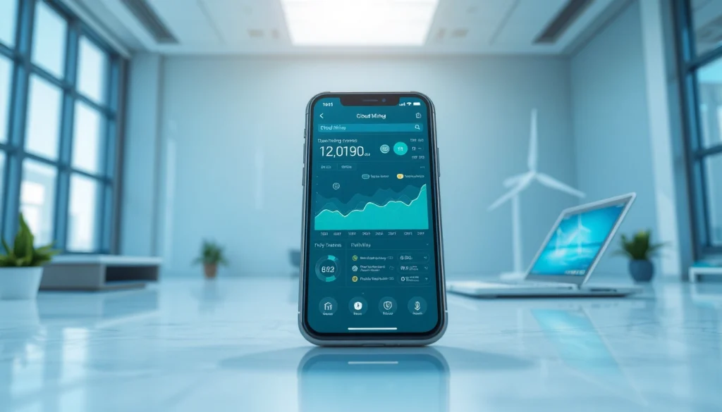 Innovative cloud mining app interface highlighting cryptocurrency earnings in a sustainable tech environment