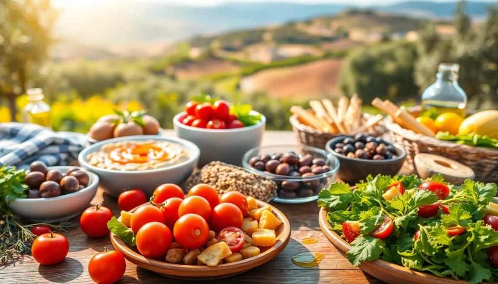 Explore the vibrant Mediterranean diet spread featuring fresh vegetables and healthy fats.