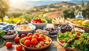 Explore the vibrant Mediterranean diet spread featuring fresh vegetables and healthy fats.