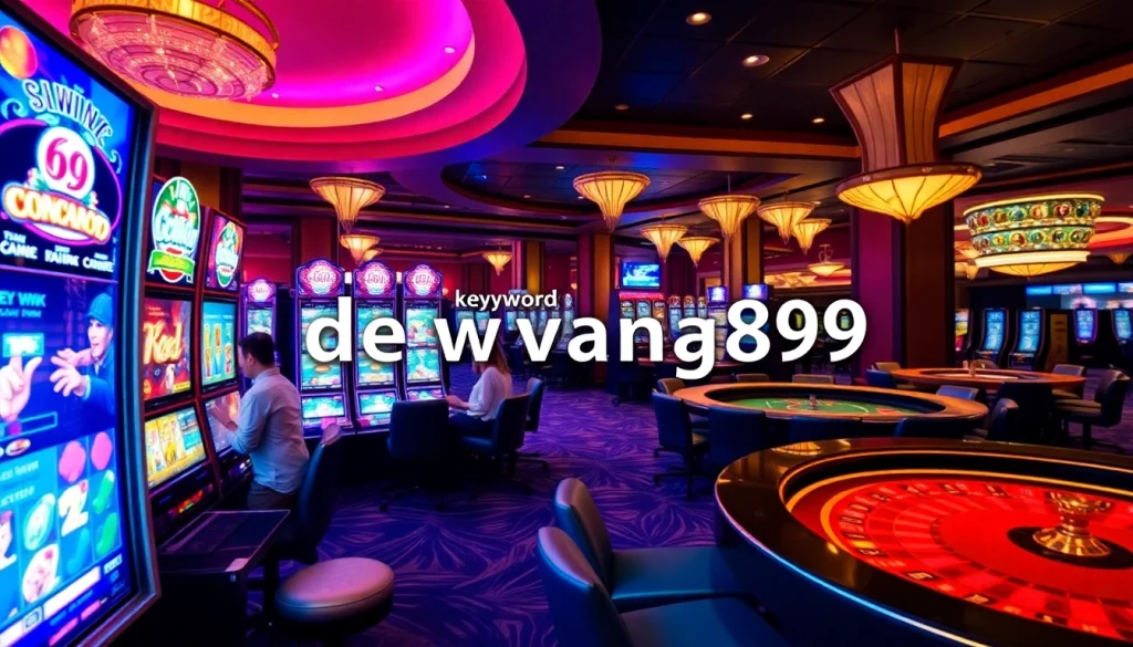 Pemain Dewanaga89 berinteraksi dengan mesin slot berwarna-warni dalam suasana kasino yang penuh semangat.
