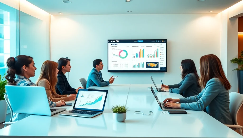 Hello88 marketing team analyzing data in a vibrant workspace for online betting.