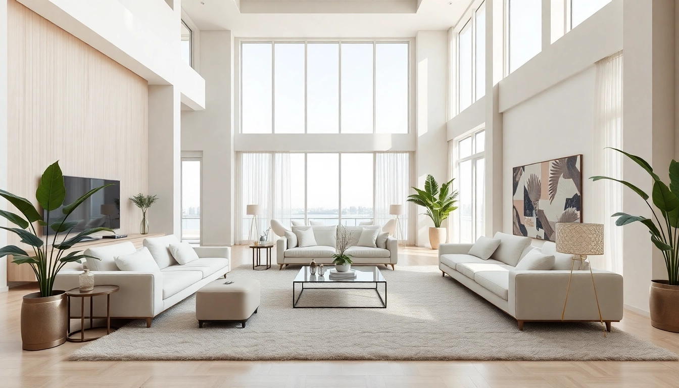 Luxurious interior design dubai living room with modern furniture and natural lighting.