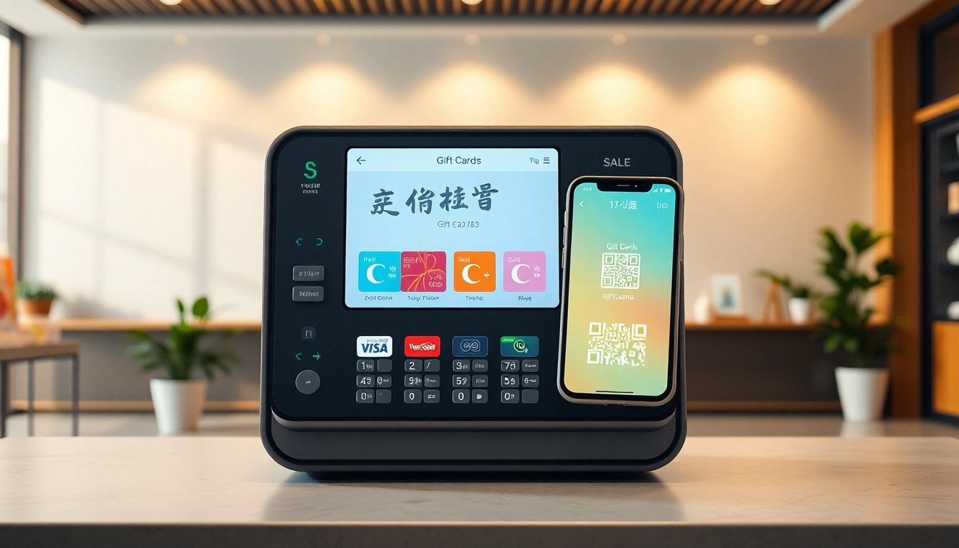 친근하고 혁신적인 환경에서 상품권카드와 기프트카드 옵션을 선보이는 현대식 결제 단말기