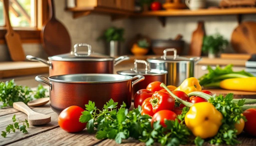 Showcase of cookware on a rustic table with vibrant vegetables highlighting quality craftsmanship.