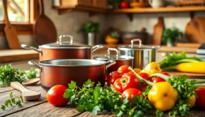 Showcase of cookware on a rustic table with vibrant vegetables highlighting quality craftsmanship.