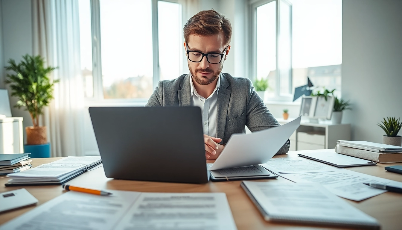 Professional sworn translator (tłumacz przysięgły) at work in an organized office.