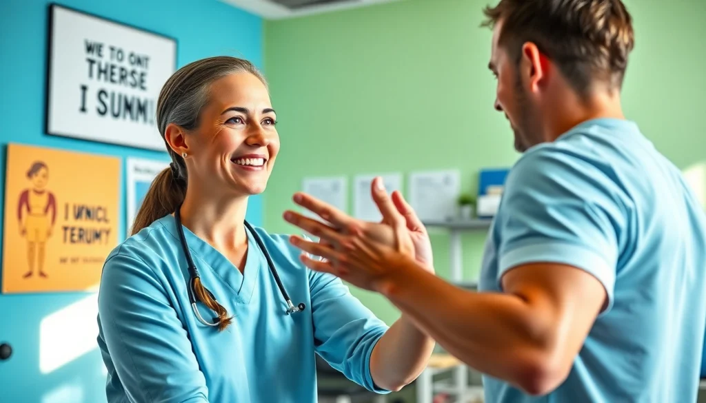 Engaging physical therapy marketing scene with a therapist assisting a patient in a clinic.