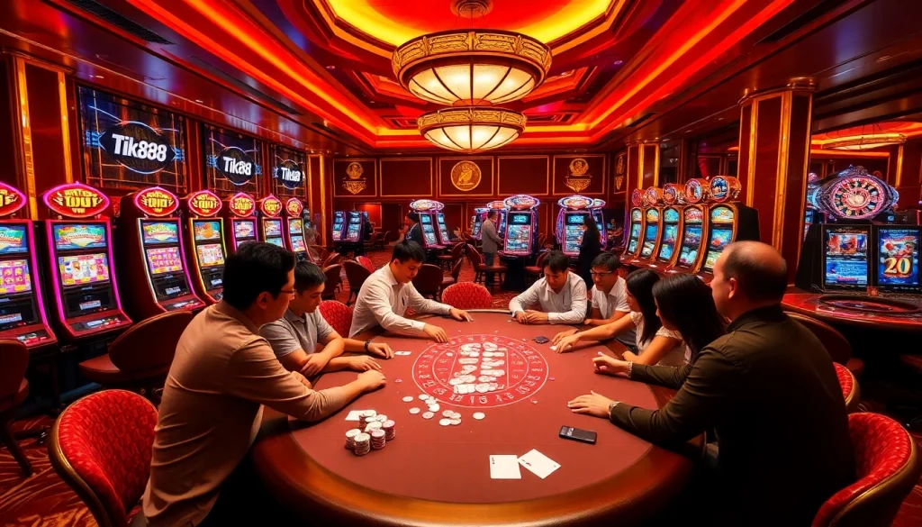 Người chơi háo hức trải nghiệm các trò chơi tại casino Tik88, với bàn poker sống động và máy đánh bạc đầy màu sắc.