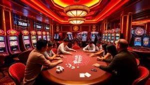 Người chơi háo hức trải nghiệm các trò chơi tại casino Tik88, với bàn poker sống động và máy đánh bạc đầy màu sắc.