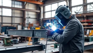 Capturing structural steel welding in action with a welder focused on a beam.