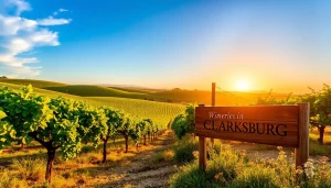 Visit wineries in Clarksburg surrounded by beautiful vineyards and warm sunset light.