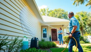 Soft wash technician cleaning a residential home in Kissimmee, FL with eco-friendly solutions.
