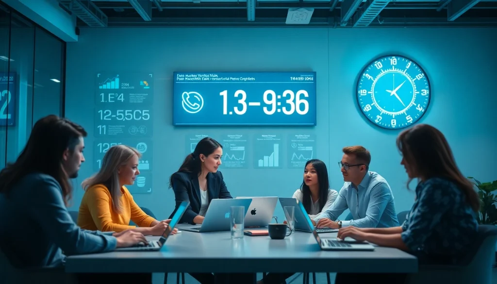 Phone number verification team collaborating in a modern office setting, showcasing tech-driven solutions.