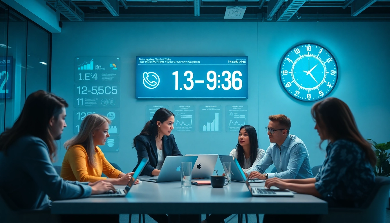 Phone number verification team collaborating in a modern office setting, showcasing tech-driven solutions.