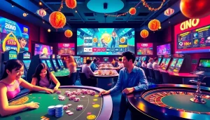 Engaged players enjoying online casinos in Canada, surrounded by vibrant gaming elements.