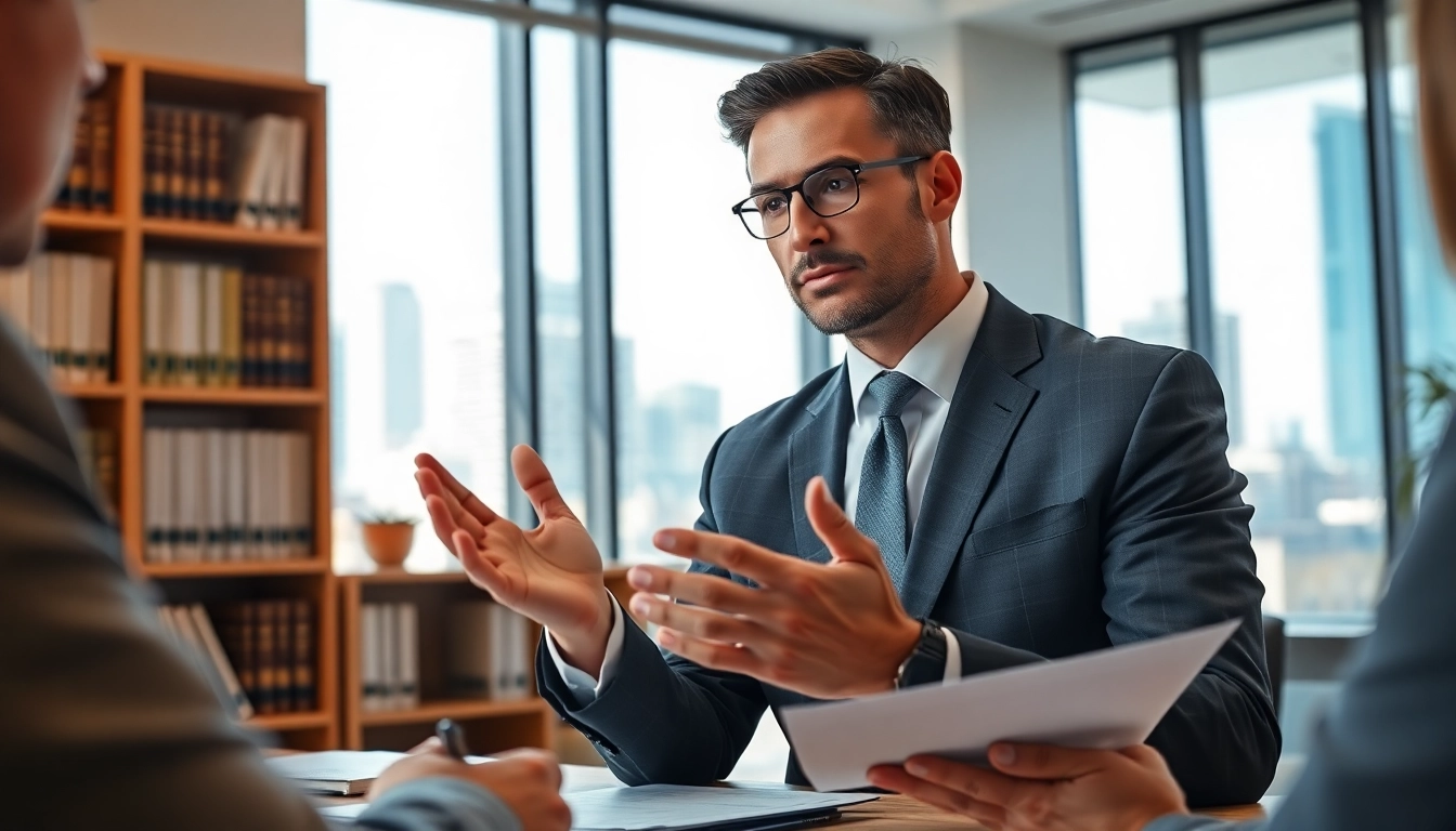 Intellectual property lawyer consulting clients in a professional office setting.