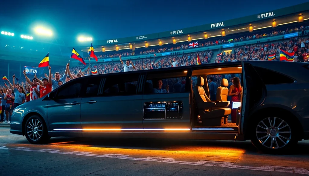 World Cup Group Transportation in a luxurious limousine with fans celebrating outside the stadium.