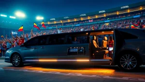 World Cup Group Transportation in a luxurious limousine with fans celebrating outside the stadium.