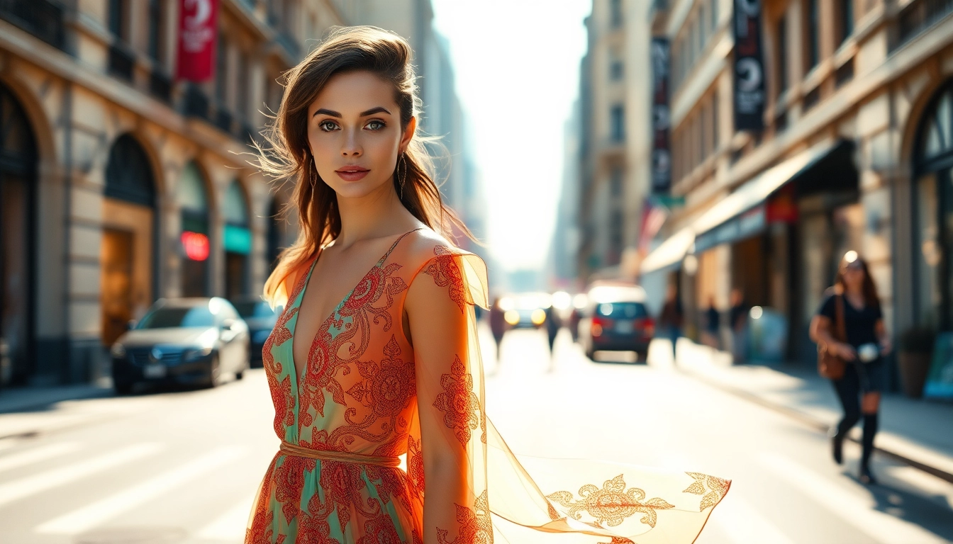 Showcasing Rivelle fashion in an elegant urban setting with vibrant designs and soft lighting.