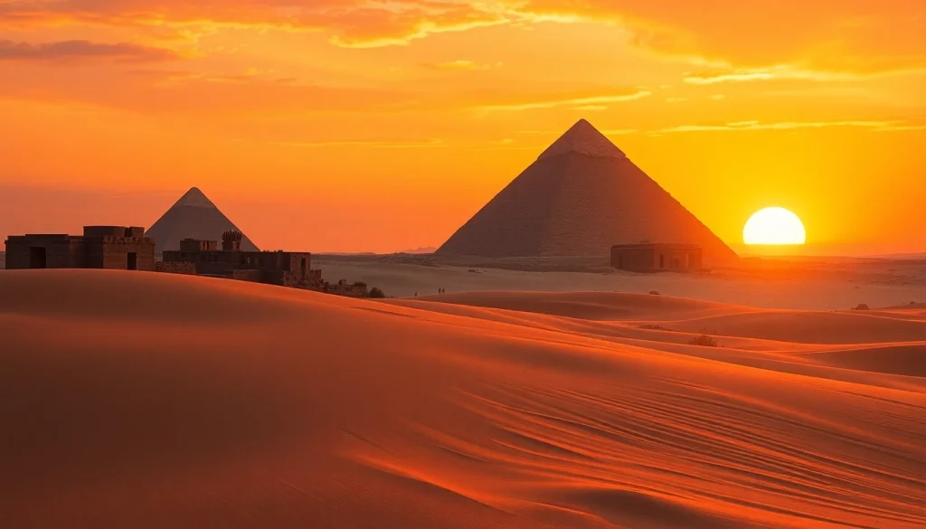 Experience the majestic piraminds of ancient Egypt against a stunning sunset backdrop.