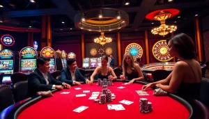 Exciting poker action at U 888 casino with vibrant tables and luminescent slot machines.