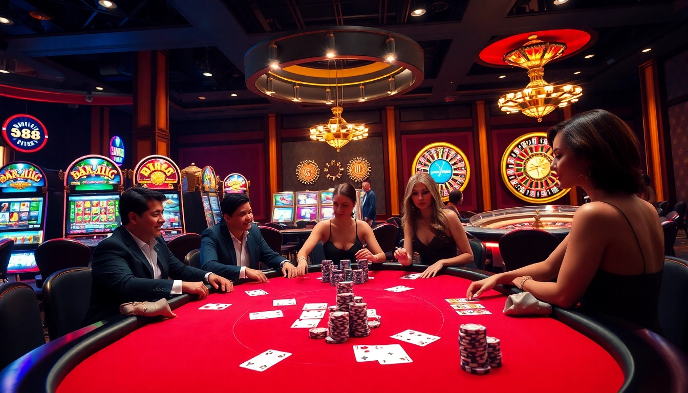 Exciting poker action at U 888 casino with vibrant tables and luminescent slot machines.