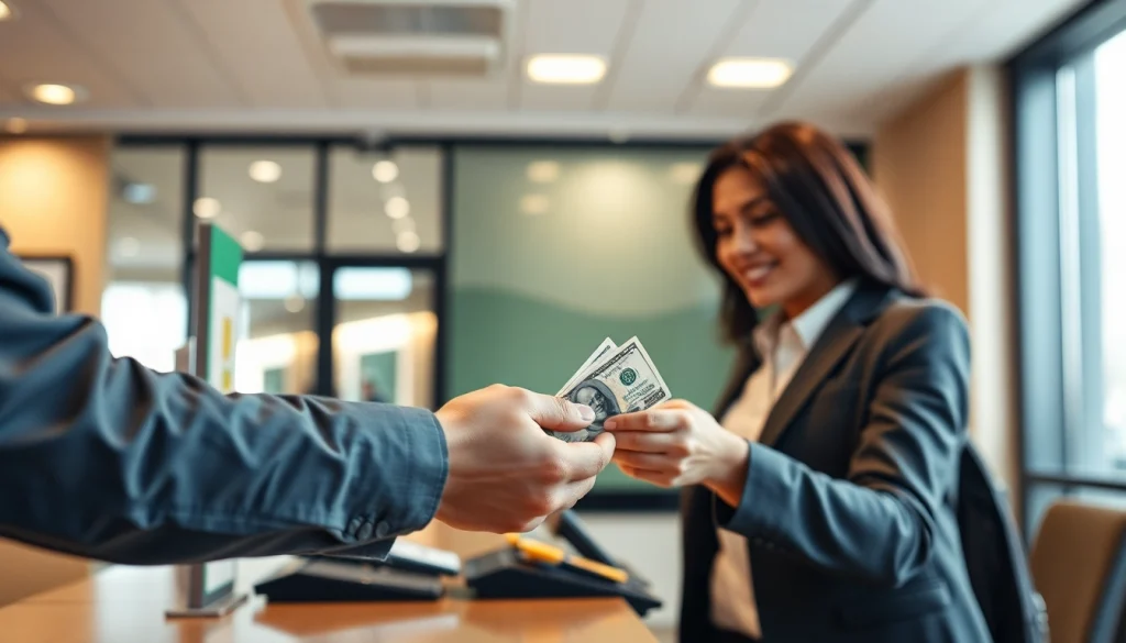 Menyetorkan 1k dalam bentuk uang tunai di bank, menunjukkan proses yang aman.