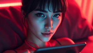 Engaging NSFW AI chat interaction featuring a lifelike character in an ambient room.