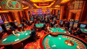 Engaging gaming scene at nhà cái rikvip casino featuring glamorous poker tables and vibrant slot machines.