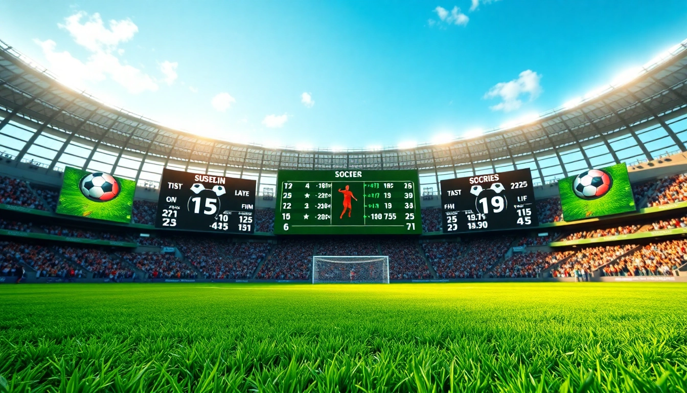 Live soccer scores from ผลบอลสด ภาษาไทย thscore displayed on a digital scoreboard in an energetic stadium.