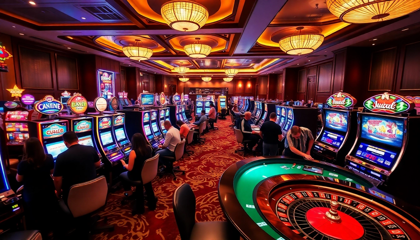 Excited players enjoying the idn slot machines in a bustling casino environment.