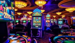 Permainan seru di Zeus slot yang menampilkan warna neon yang cerah dan pemain yang berdedikasi.