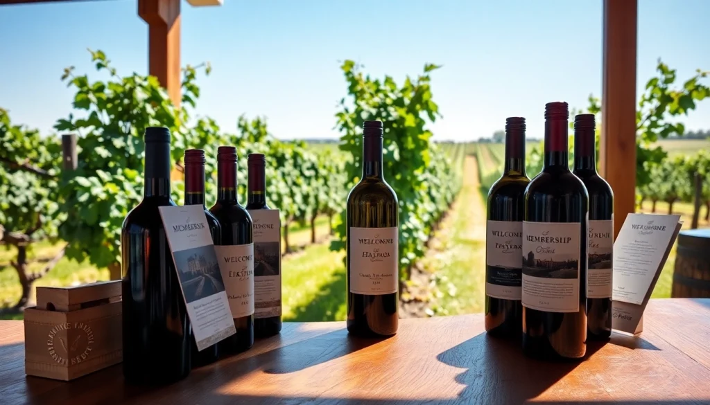 Explore winery membership benefits with a cozy wine tasting atmosphere and vineyard background.
