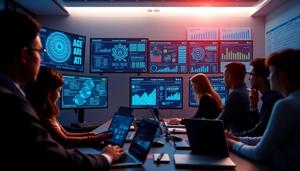 Cybersecurity AI professionals analyzing data in a modern office setting.