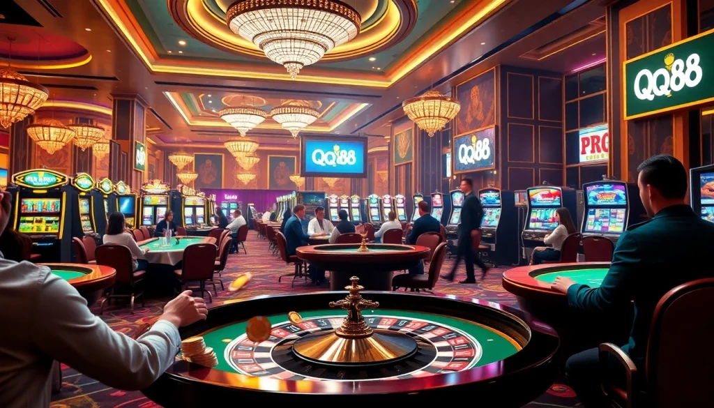 Experience the thrill of gambling at QQ88 with vibrant casino tables and exciting gameplay scenes.