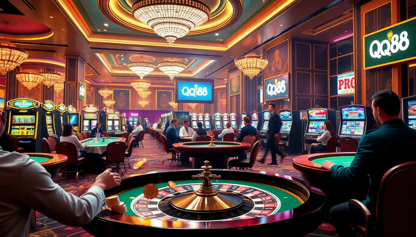 Experience the thrill of gambling at QQ88 with vibrant casino tables and exciting gameplay scenes.