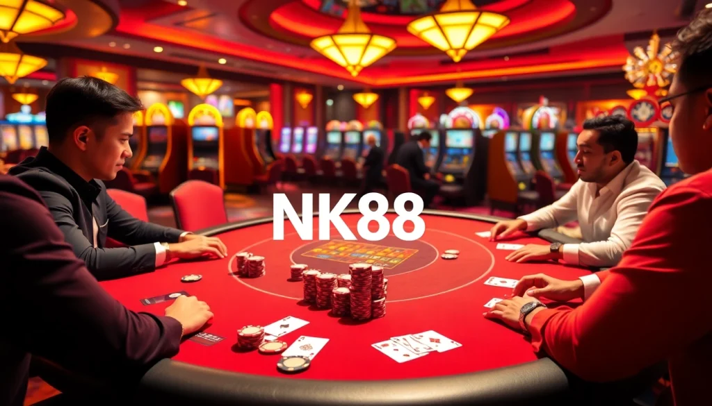 Engaging players at a poker table in a luxury casino showcasing NK88 betting excitement.