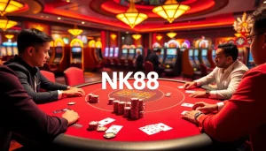 Engaging players at a poker table in a luxury casino showcasing NK88 betting excitement.