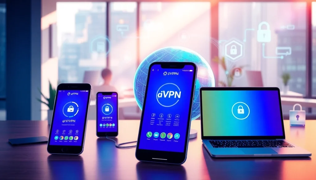 在设备上显示的快连VPN应用，突出现代化工作场景中的安全与快速全球互联。