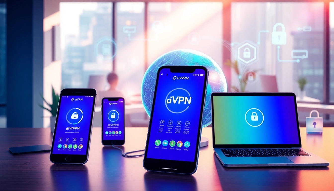 在设备上显示的快连VPN应用，突出现代化工作场景中的安全与快速全球互联。