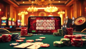 Engage with a mobile porn game amidst a luxurious casino scene featuring poker chips and vibrant lighting.