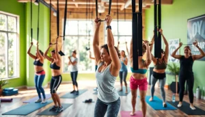 Active individuals demonstrating exercises with pull-up resistance bands in a bright fitness studio.