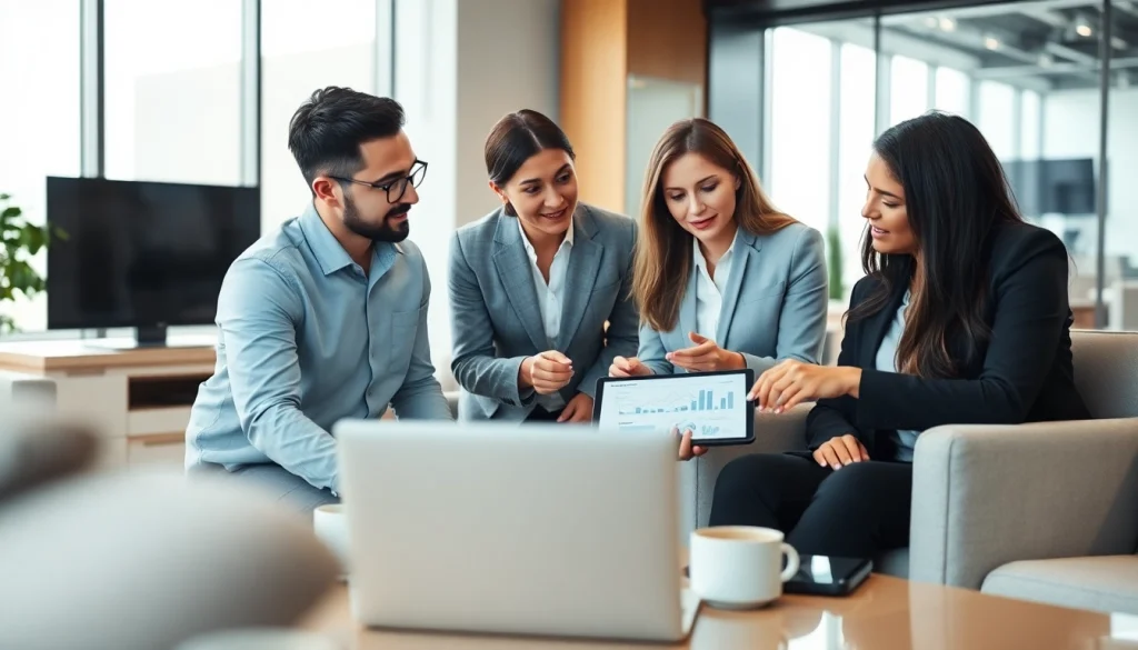 Hire experienced B2B sales professionals discussing strategies in a modern office setting.